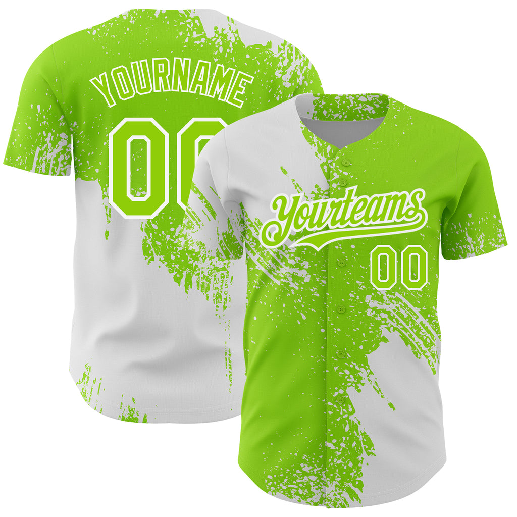 Custom Neon Green White 3D Pattern Design Abstract Brush Stroke Authentic Baseball Jersey