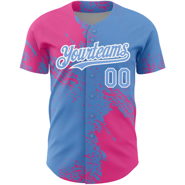 Custom Light Blue Pink-White 3D Pattern Design Abstract Brush Stroke Authentic Baseball Jersey