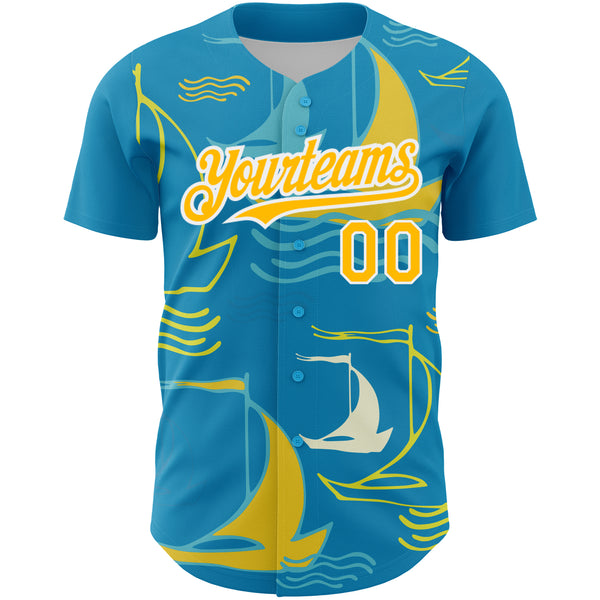 Custom Panther Blue Gold-White 3D Pattern Design Sailing Boats Authentic Baseball Jersey