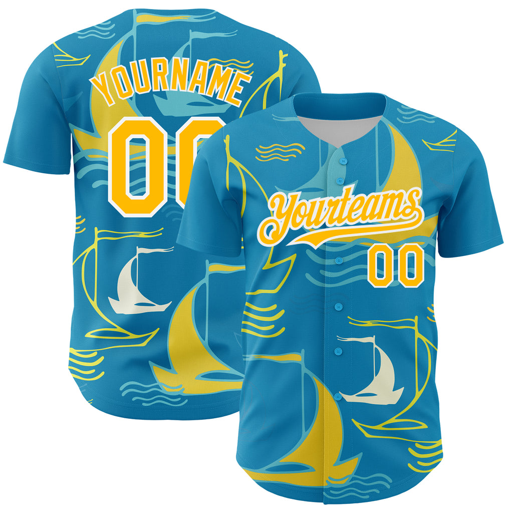 Custom Panther Blue Gold-White 3D Pattern Design Sailing Boats Authentic Baseball Jersey
