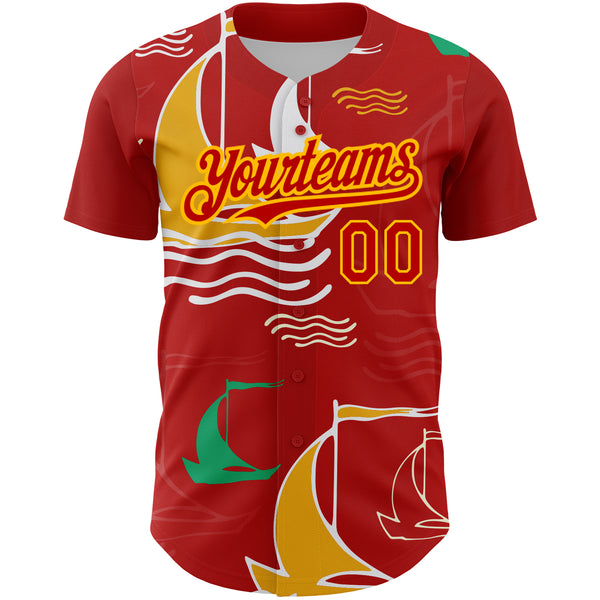 Custom Red Gold 3D Pattern Design Sailing Boats Authentic Baseball Jersey