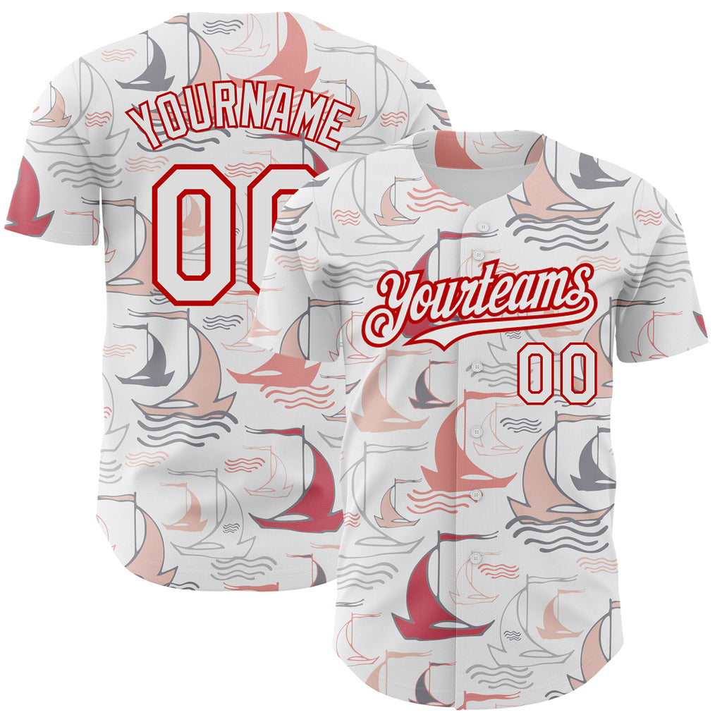 Custom White Red 3D Pattern Design Sailing Boats Authentic Baseball Jersey