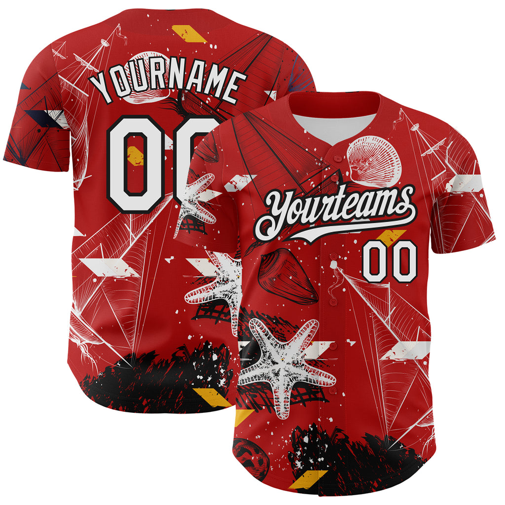 Custom Red White-Black 3D Pattern Design Sailing Boats Authentic Baseball Jersey