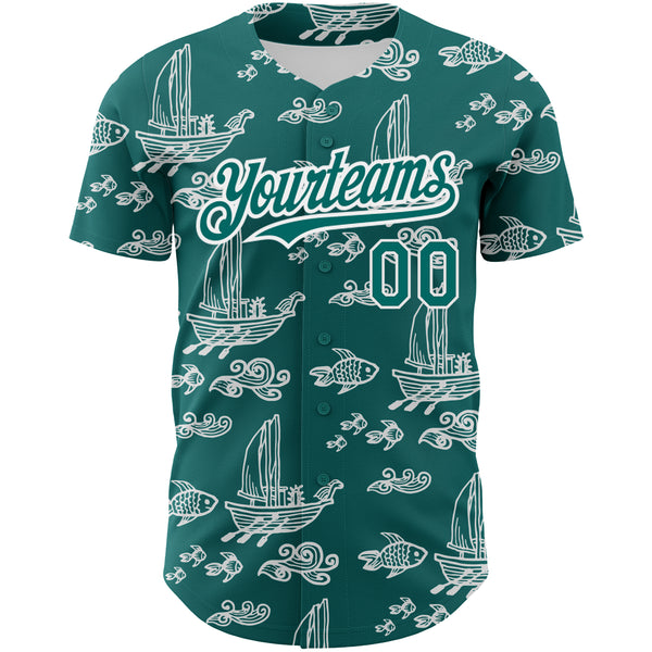 Custom Teal White 3D Pattern Design Boats And Fish Authentic Baseball Jersey