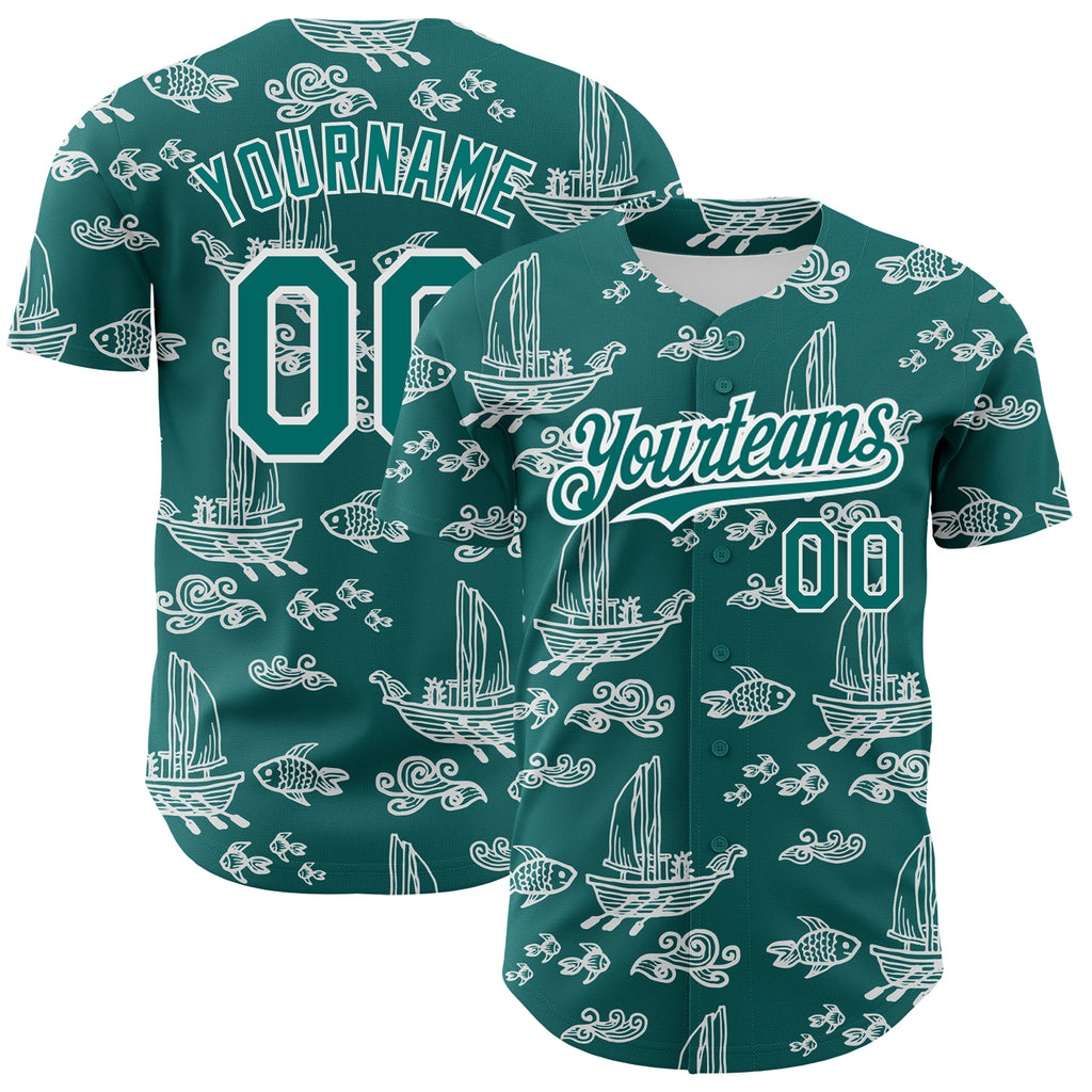 Custom Teal White 3D Pattern Design Boats And Fish Authentic Baseball Jersey