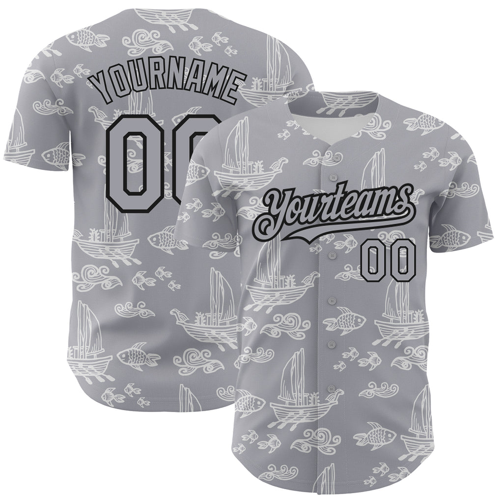 Custom Gray Black 3D Pattern Design Boats And Fish Authentic Baseball Jersey
