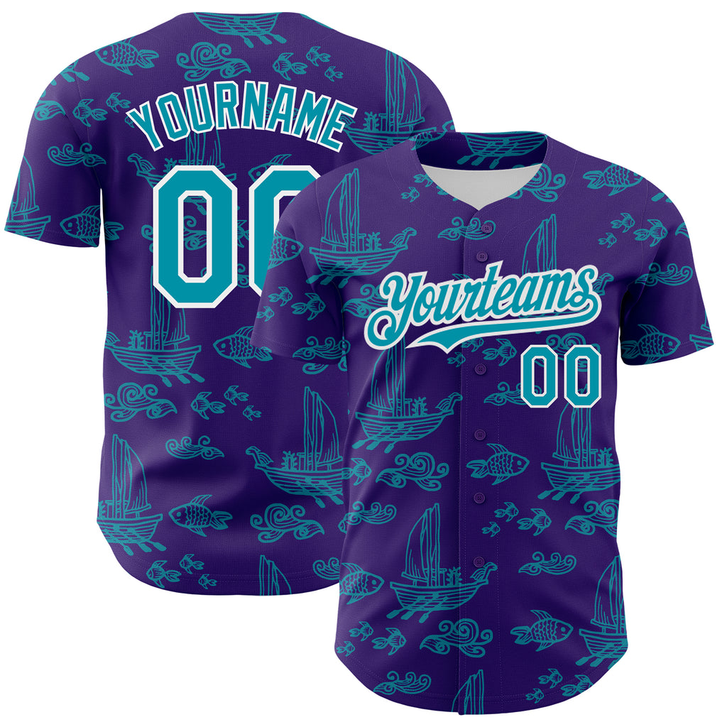 Custom Purple Teal-White 3D Pattern Design Boats And Fish Authentic Baseball Jersey