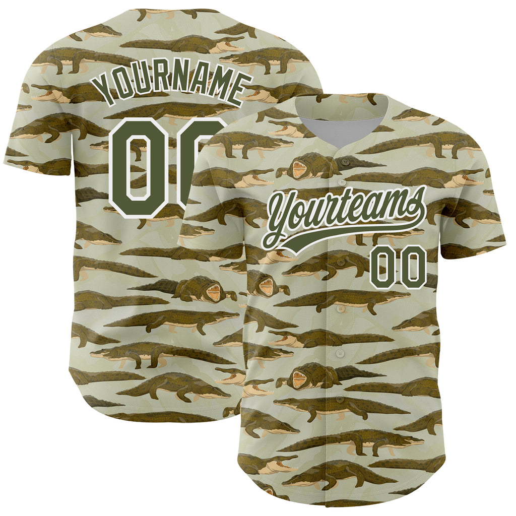 Custom Olive White 3D Pattern Design Crocodile Authentic Baseball Jersey