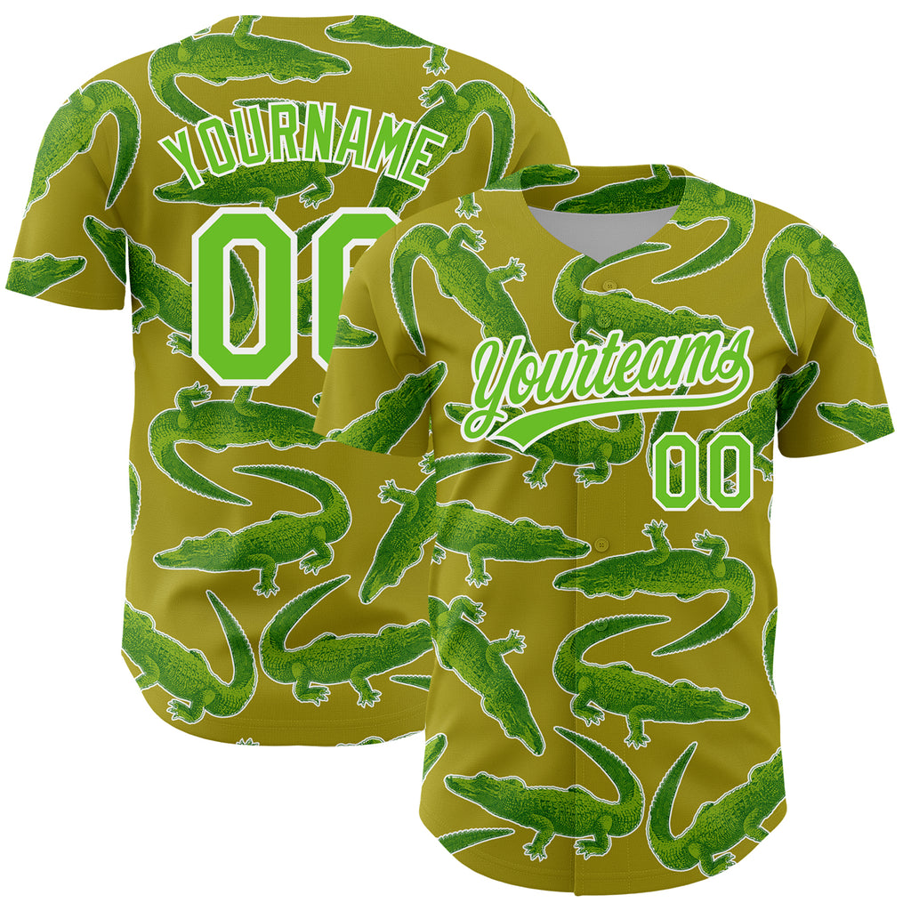Custom Olive Aurora Green-White 3D Pattern Design Crocodile Authentic Baseball Jersey