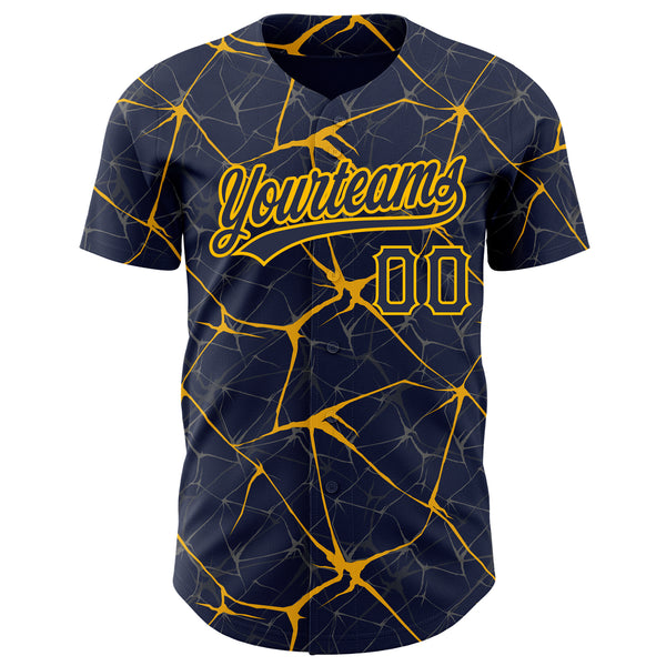 Custom Navy Gold 3D Pattern Design Abstract Network Authentic Baseball Jersey