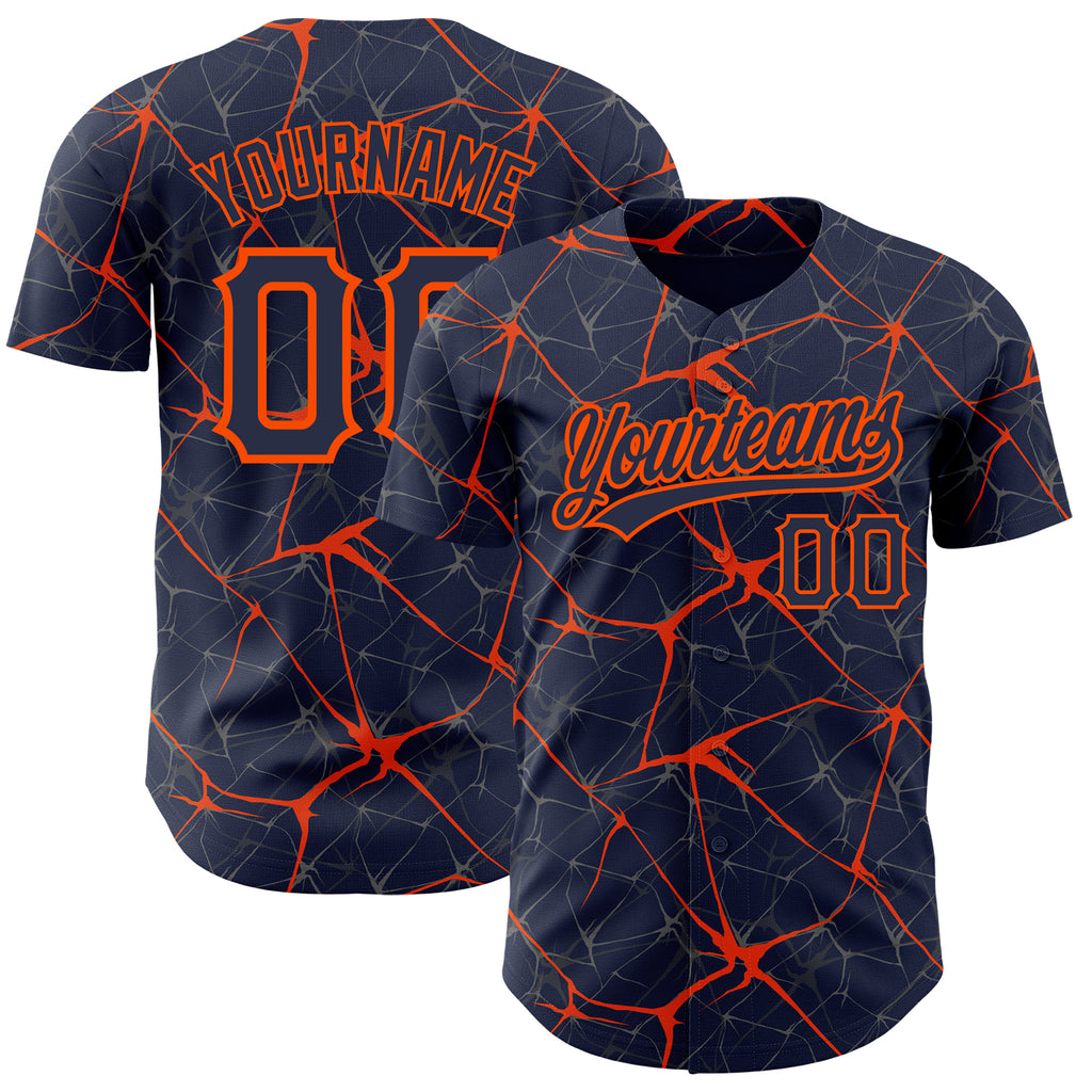 Custom Navy Orange 3D Pattern Design Abstract Network Authentic Baseball Jersey