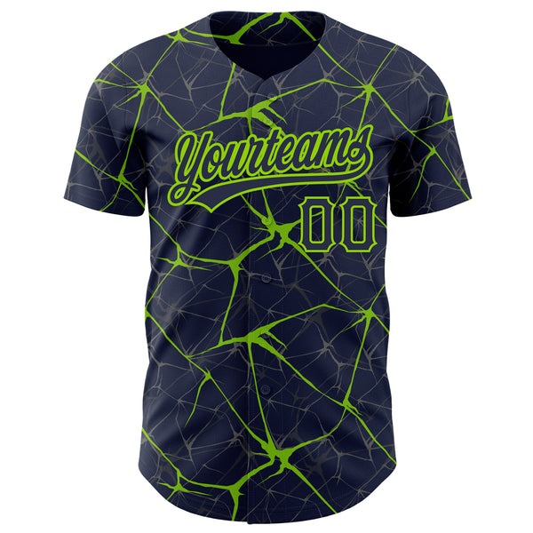 Custom Navy Neon Green 3D Pattern Design Abstract Network Authentic Baseball Jersey