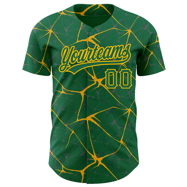 Custom Kelly Green Gold 3D Pattern Design Abstract Network Authentic Baseball Jersey