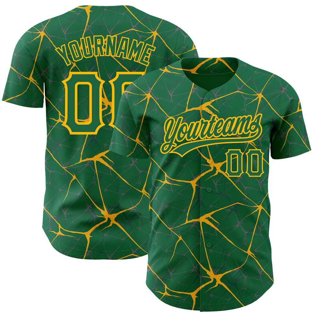 Custom Kelly Green Gold 3D Pattern Design Abstract Network Authentic Baseball Jersey