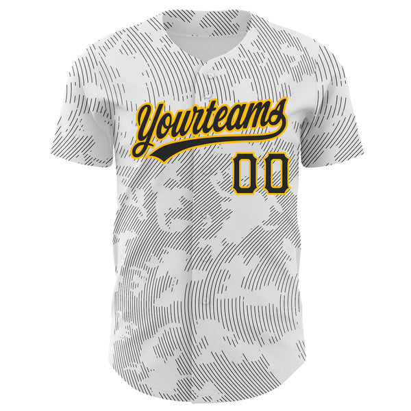 Custom White Black-Gold 3D Pattern Design Curve Lines Authentic Baseball Jersey