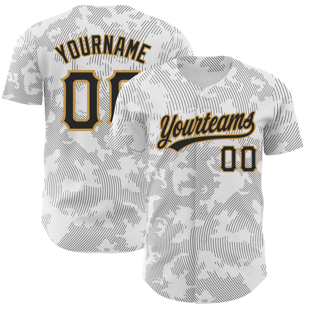 Custom White Black-Old Gold 3D Pattern Design Curve Lines Authentic Baseball Jersey