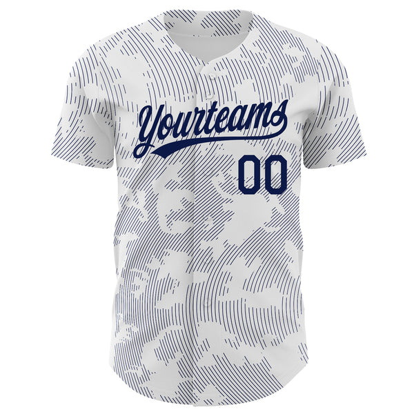 Custom White Navy 3D Pattern Design Curve Lines Authentic Baseball Jersey