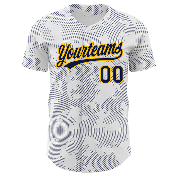 Custom White Navy-Gold 3D Pattern Design Curve Lines Authentic Baseball Jersey