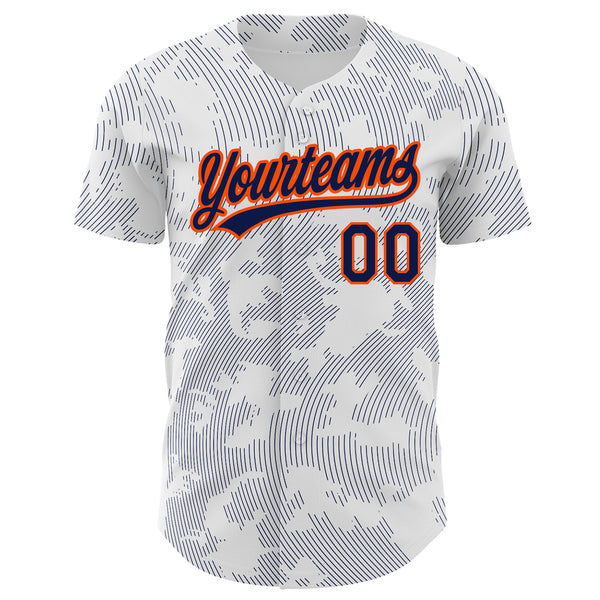 Custom White Navy-Orange 3D Pattern Design Curve Lines Authentic Baseball Jersey
