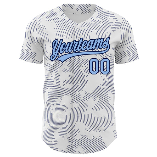 Custom White Light Blue-Navy 3D Pattern Design Curve Lines Authentic Baseball Jersey