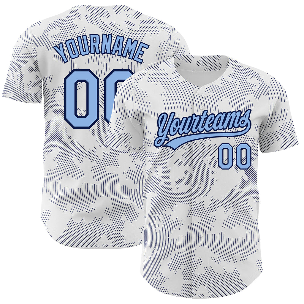 Custom White Light Blue-Navy 3D Pattern Design Curve Lines Authentic Baseball Jersey