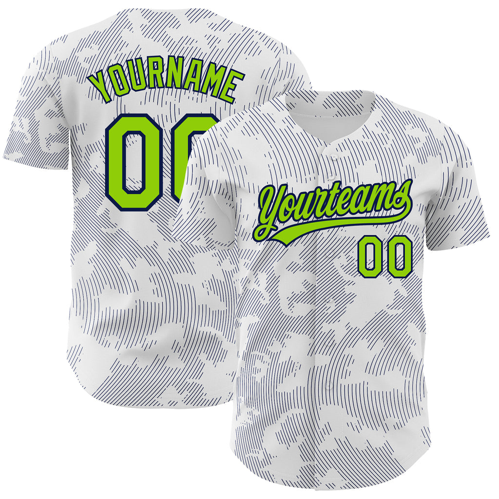 Custom White Neon Green-Navy 3D Pattern Design Curve Lines Authentic Baseball Jersey
