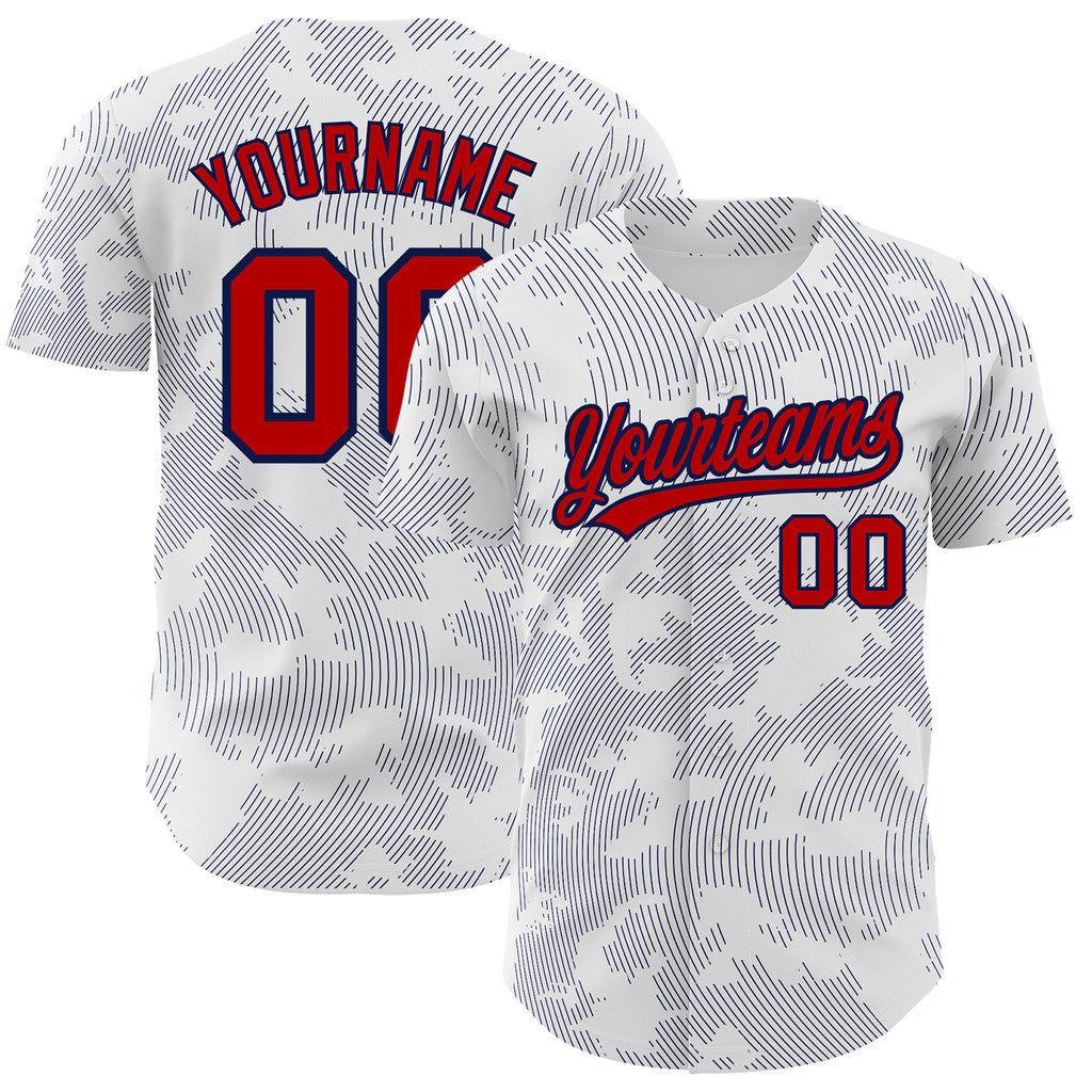 Custom White Red-Navy 3D Pattern Design Curve Lines Authentic Baseball Jersey