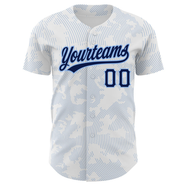 Custom White Navy-Light Blue 3D Pattern Design Curve Lines Authentic Baseball Jersey