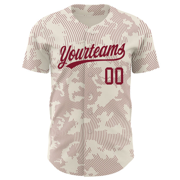 Custom Cream Crimson 3D Pattern Design Curve Lines Authentic Baseball Jersey