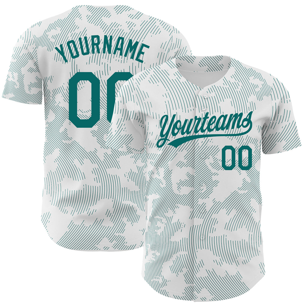 Custom White Teal 3D Pattern Design Curve Lines Authentic Baseball Jersey