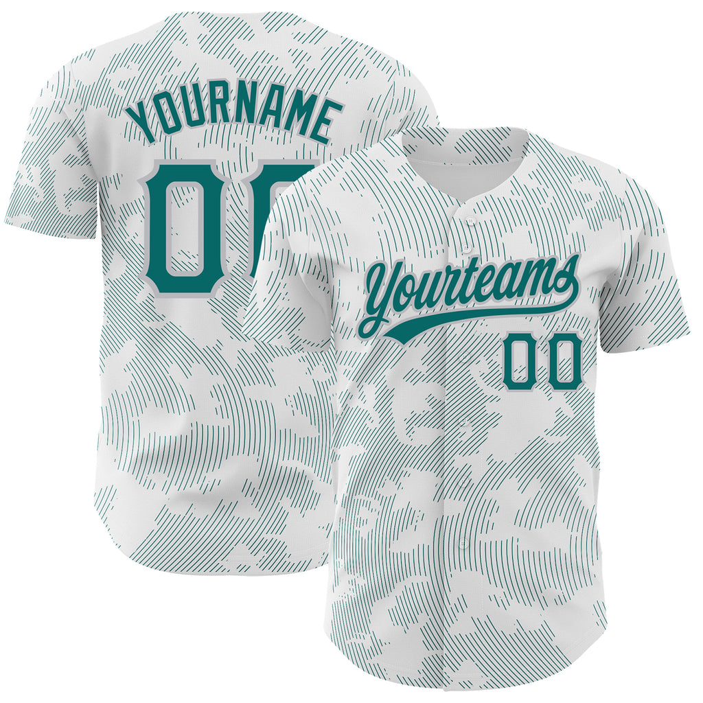 Custom White Teal-Gray 3D Pattern Design Curve Lines Authentic Baseball Jersey
