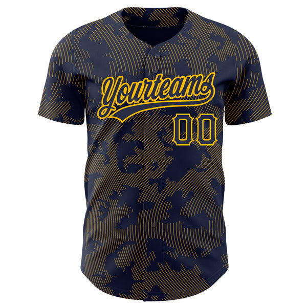 Custom Navy Gold 3D Pattern Design Curve Lines Authentic Baseball Jersey