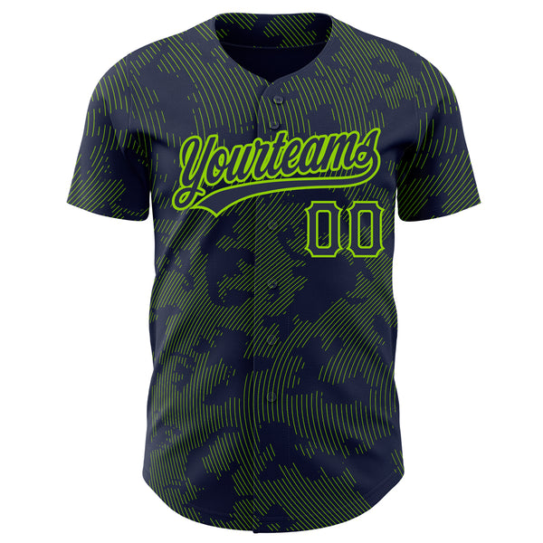 Custom Navy Neon Green 3D Pattern Design Curve Lines Authentic Baseball Jersey