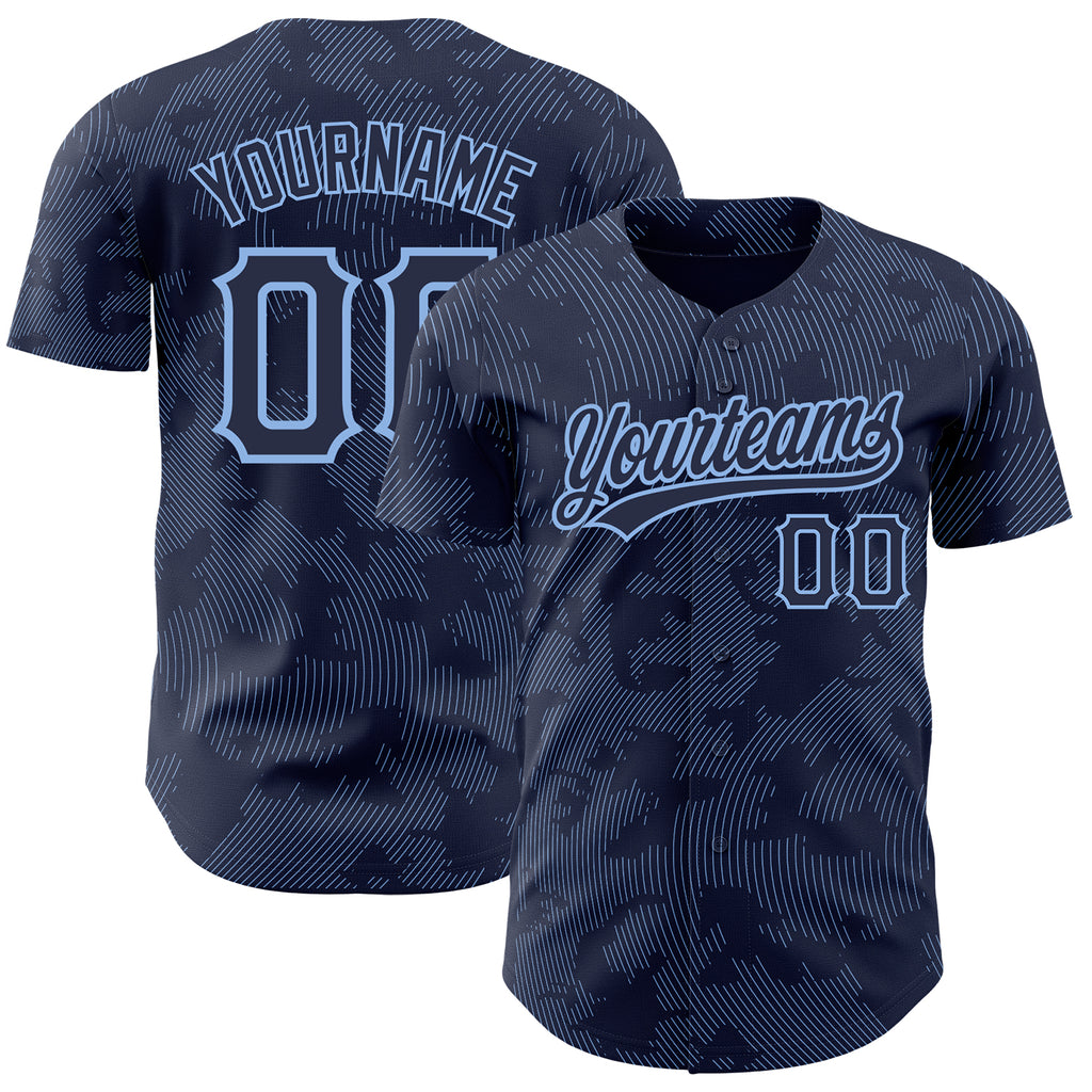 Custom Navy Light Blue 3D Pattern Design Curve Lines Authentic Baseball Jersey