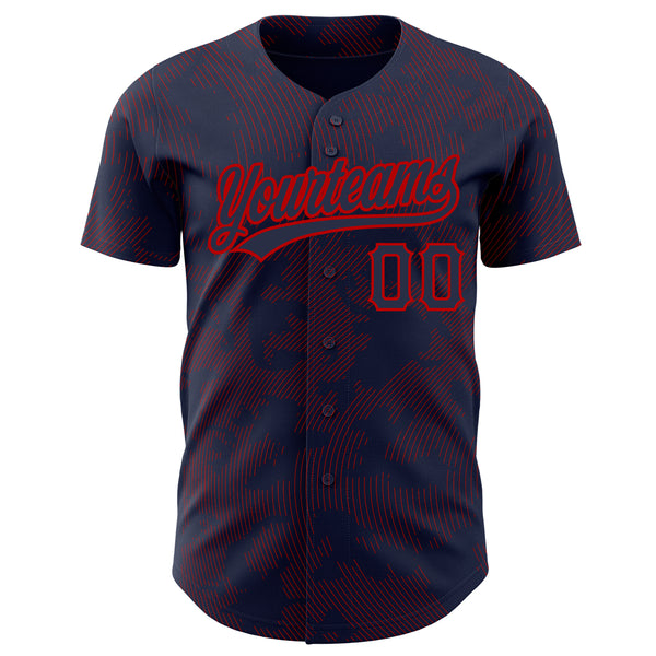 Custom Navy Red 3D Pattern Design Curve Lines Authentic Baseball Jersey