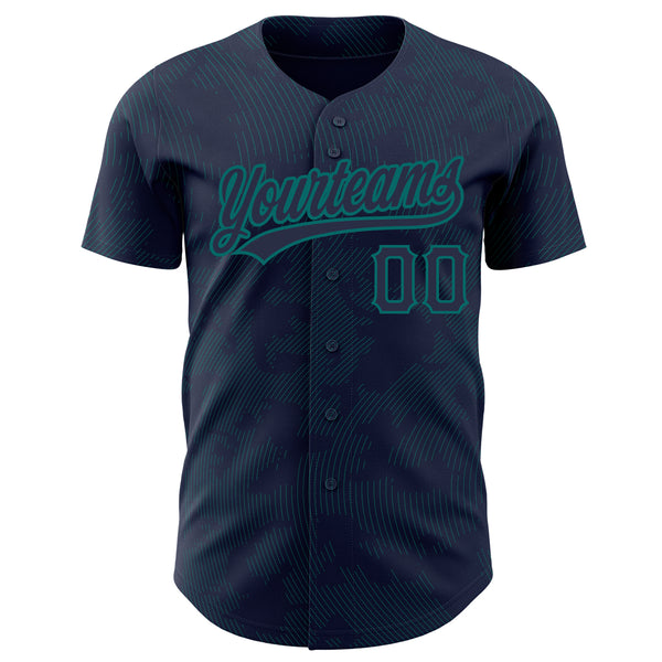 Custom Navy Teal 3D Pattern Design Curve Lines Authentic Baseball Jersey