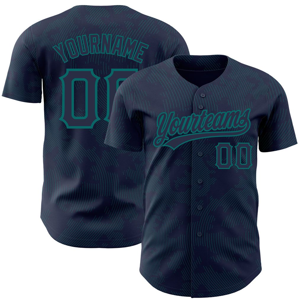 Custom Navy Teal 3D Pattern Design Curve Lines Authentic Baseball Jersey