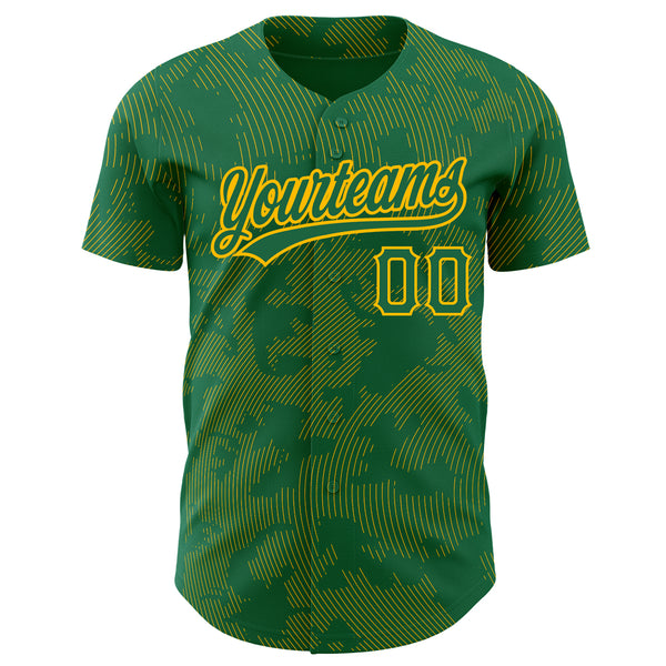 Custom Kelly Green Gold 3D Pattern Design Curve Lines Authentic Baseball Jersey
