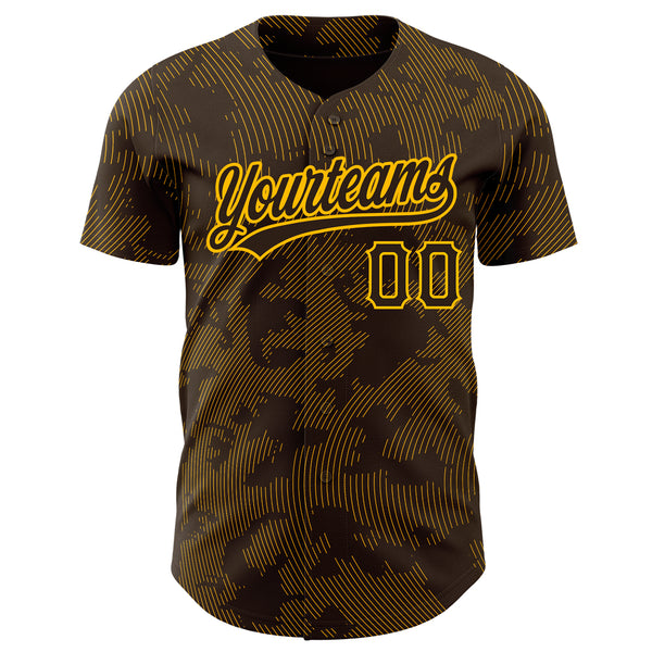 Custom Brown Gold 3D Pattern Design Curve Lines Authentic Baseball Jersey