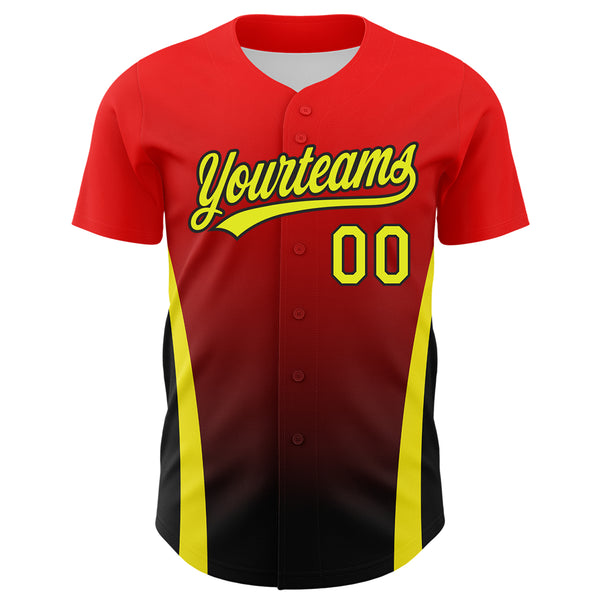 Custom Red Neon Yellow-Black 3D Pattern Design Side Stripes Authentic Baseball Jersey
