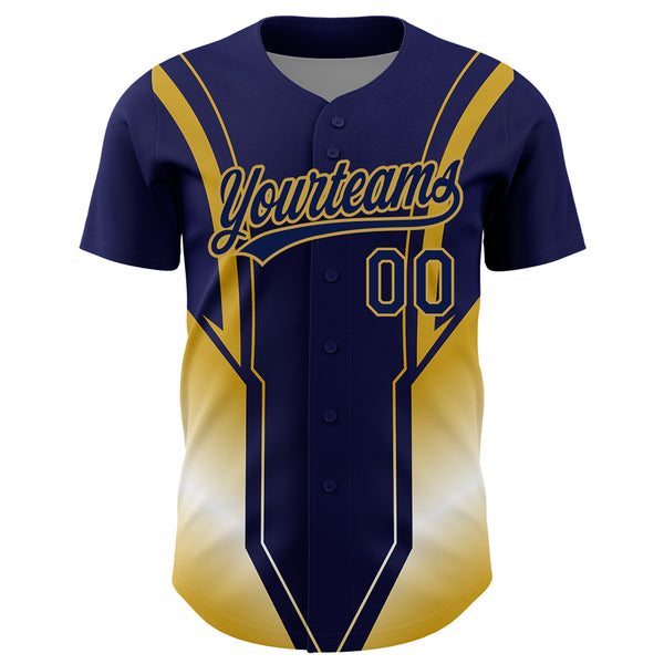 Custom Navy Old Gold 3D Pattern Design Side Stripes Authentic Baseball Jersey