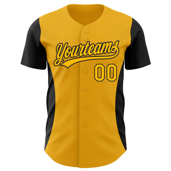 Custom Gold Black 3D Pattern Design Side Stripes Authentic Baseball Jersey