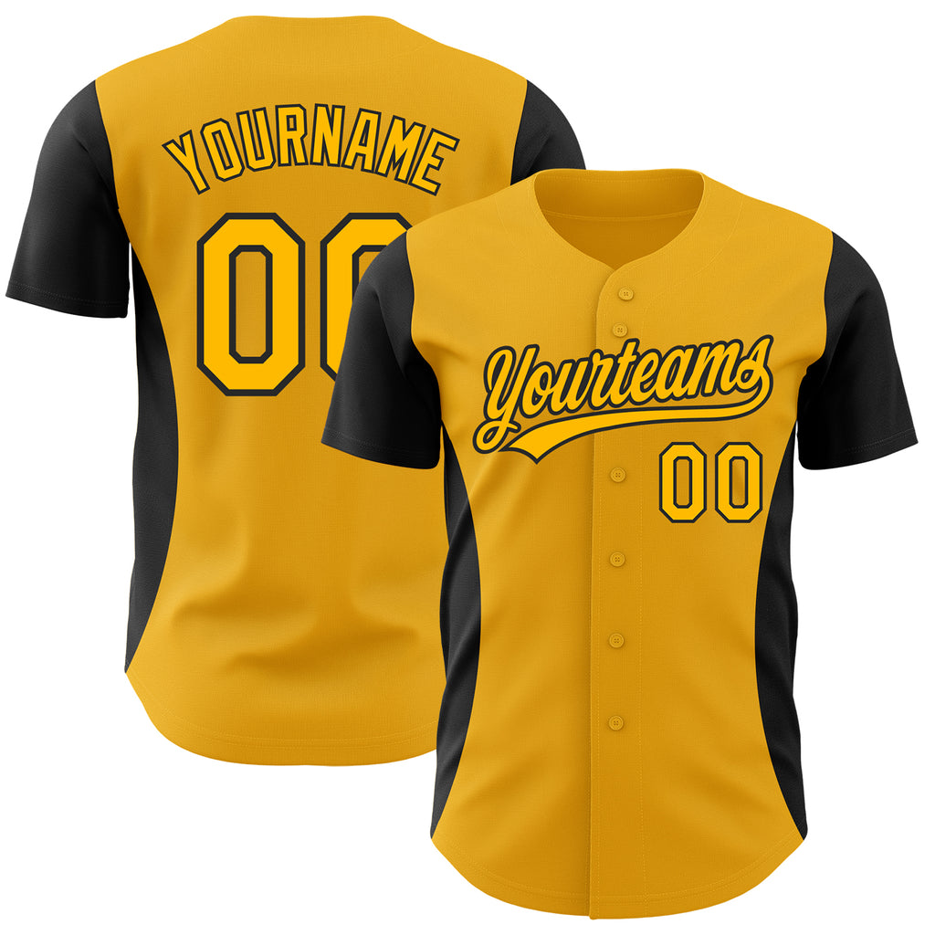 Custom Gold Black 3D Pattern Design Side Stripes Authentic Baseball Jersey