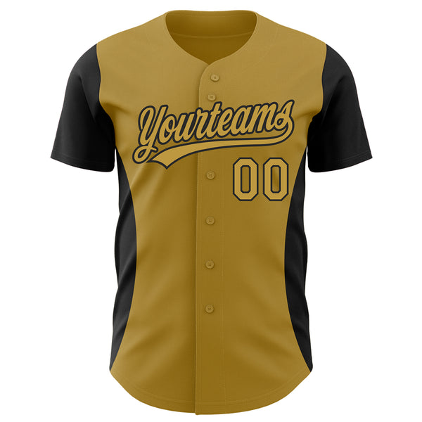 Custom Old Gold Black 3D Pattern Design Side Stripes Authentic Baseball Jersey