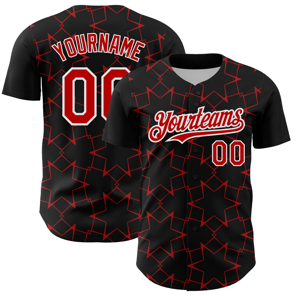 Custom Black Red-White 3D Pattern Design Star Lines Authentic Baseball Jersey