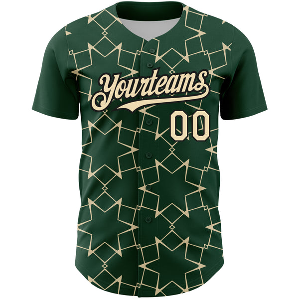 Custom Green Cream-Black 3D Pattern Design Star Lines Authentic Baseball Jersey