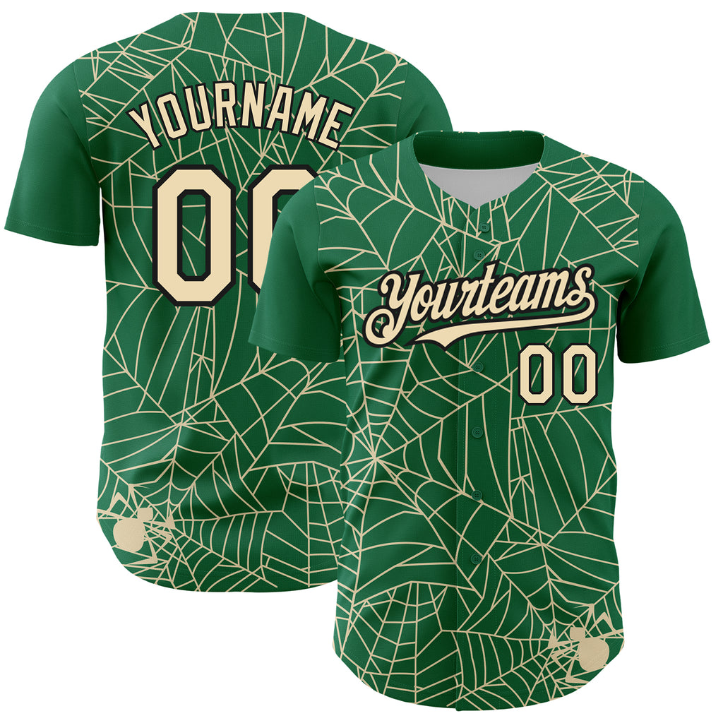 Custom Kelly Green Cream-Black 3D Pattern Design Spider Web Authentic Baseball Jersey