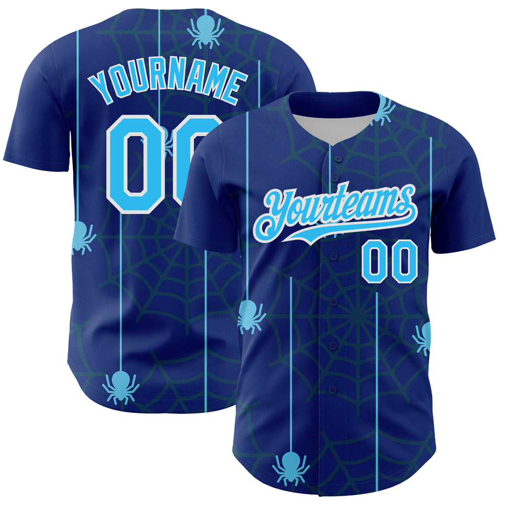 Custom Royal Sky Blue-White 3D Pattern Design Spider Web Authentic Baseball Jersey