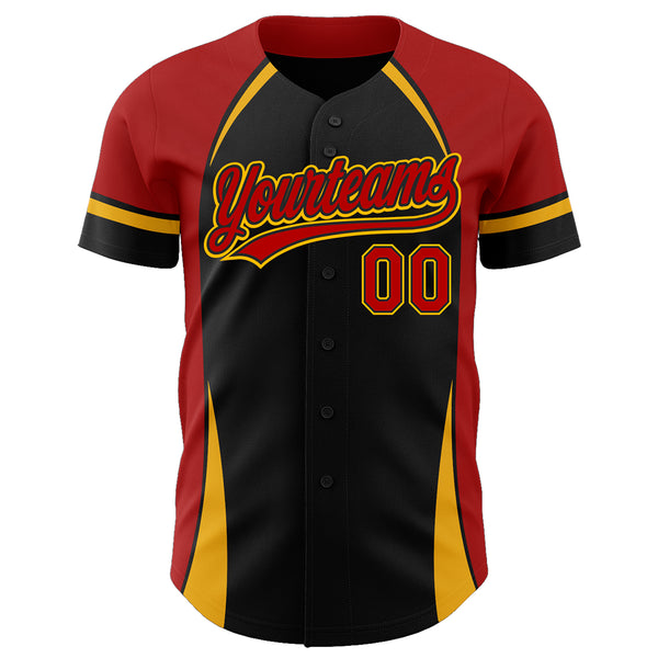 Custom Black Red-Gold 3D Pattern Design Curve Solid Authentic Baseball Jersey