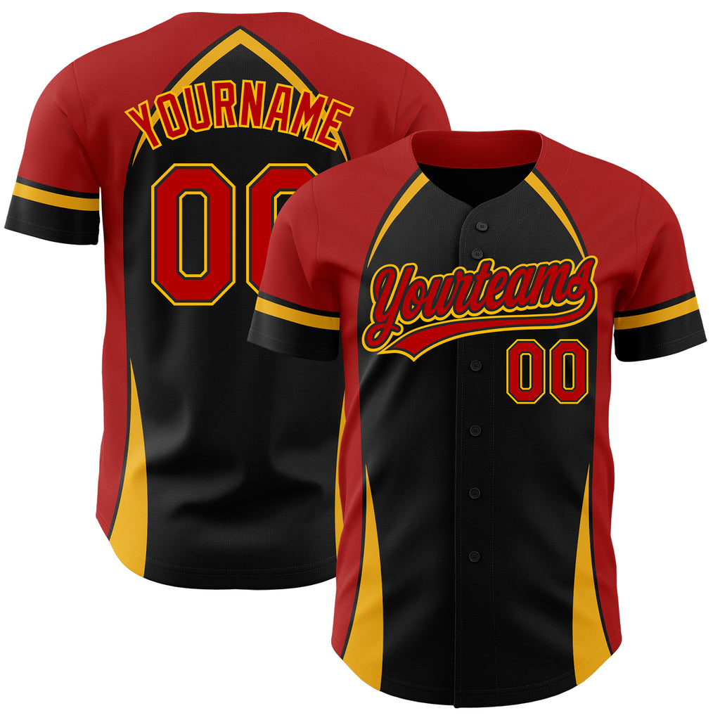 Custom Black Red-Gold 3D Pattern Design Curve Solid Authentic Baseball Jersey